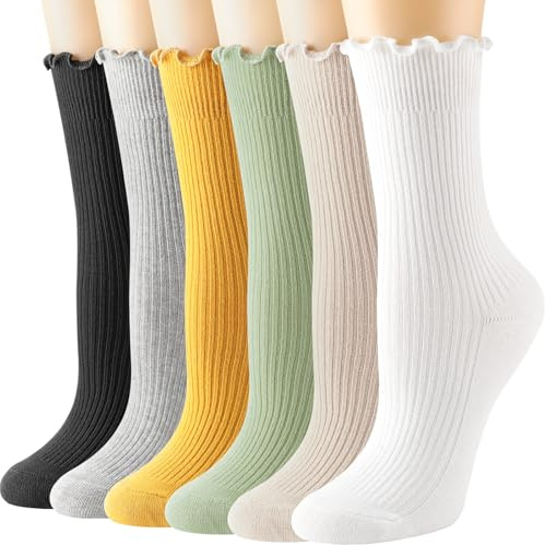 DRESHOW 6 Pares Calcetines con Volantes para Mujer Calcetines de Algodón de Punto Transpirables con Volant Calcetines Casuales de Color Sólido para Mujeres y Niñas