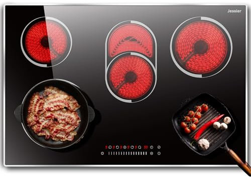 Jessier Ceramic Hob 5 Burners with Frame, Built in 5 Zones Electric Hob with Slide & Touch Control, 8400W Ceramic Cooktop 77cm with Dual Ring for Barbecue, 9 Power Levels, Timer, Safety Lock, No Plug