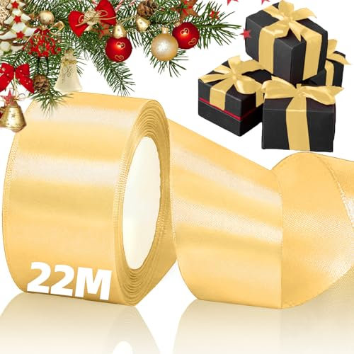 Ruban Satin Doré, Ruban Cadeau Emballage Large pour Mariage Anniversaire Valentin Noel, Lot Rubans de Soie Décoratif pour Artisanat/Couture/Couronne Noeuds Gâteau d'arbre de Noël Décor (5 cm, 22 M)