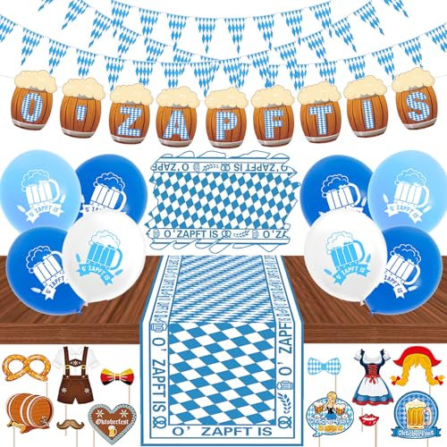 Oktoberfest Deko Set, O’ZAPFT IS Banner, 10m Bierfest Wimpel, O’ZAPFT IS Tischläufer, Oktoberfest Partybrille Oktoberfest Foto Requisiten Oktoberfest Luftballons Dekoration