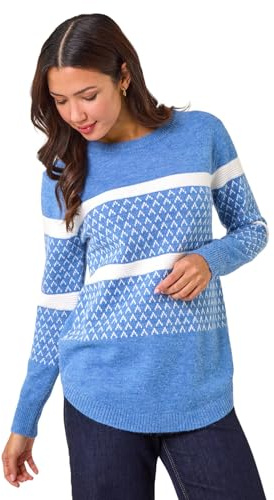 Roman Originals Women Stripe Print Jumper Ladies Winter Autumn Knit Knitted Sweater Embroidered Knitwear Casual Smart Round Crew Neck Pull Over Everyday Going Out Party - Blue White - Size 12