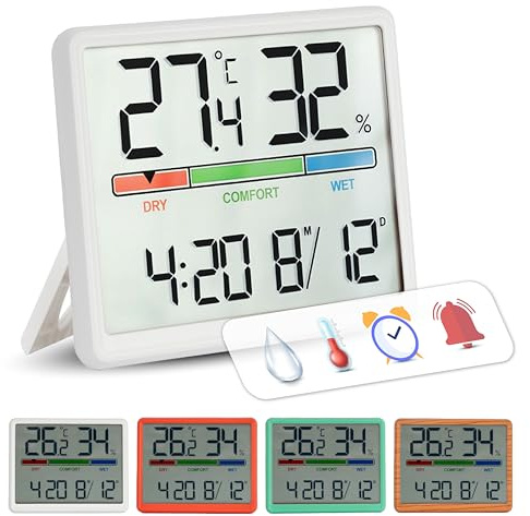GIFTMARKET - Digitales Innenraumthermometer mit Hygrometer, Komfortanzeige, Uhr und Kalender, Farbe Weiß, ideal für Zuhause, Material ABS, Maße 9,3 x 7,2 x 1,6 cm
