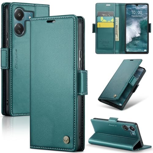 Rerzoiro Coque pour Xiaomi Redmi 13C/Poco C65, Étui Housse en RFID Protection Premium PU Cuir Portefeuille Rabat Case Magnétique Stand Antichoc, Étui Case pour Xiaomi Redmi 13C/Poco C65, Bleu Vert
