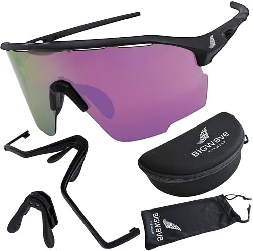 BIGWAVE 906 Sportbrille Schnelle Brille Fahrradbrille Sonnenbrille für Damen und Herren UV400 mit pinken Gläsern im Shield-Design. Anti-Beschlags-Beschichtung (schwarz/pinke Gläser)