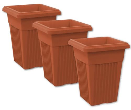 SIDSONS 40cm Tall Upright Planter - Large Plastic Pillar Flower Pot, Modern Garden, Patio & Front Door Decor, Big Flower Pots Indoor & Outdoor, Suitable For Plant, Flowers, Herbs (3, Terracotta)