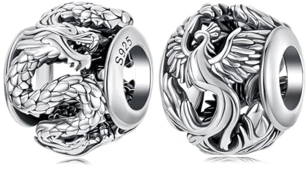 BRBRB Drachen- und Phönix-Anhänger aus 925er Sterlingsilber – DIY-Perlen aus der chinesischen Mythologie, kompatibel mit Pandora, Biagi, Troll und Chamilia | Hypoallergene Schmuckherstellung