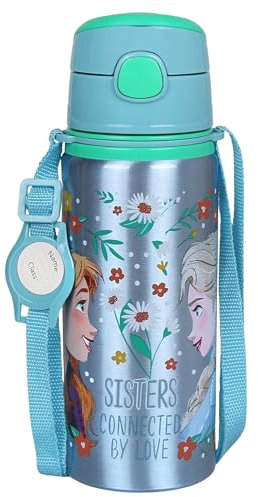 Frozen Anna Elsa Aluminium Thermal Bottle, Mouthpiece, Water Bottle with Shoulder Strap, for Girls 600ml