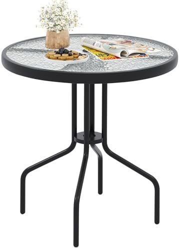 FANTASK Bistrotisch mit Tischplatte aus gehärtetem Glas, 70x70x71cm, runder Balkontisch, Outdoor-Esstisch für Terrasse, Schwarzlackiert