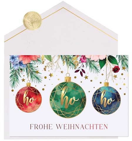 Joli Coon Weihnachtskarten Set ELEGANT HoHoHo, mit FinePaper Kuvert | 300g Perlmuttpapier, Schimmereffekt, Goldveredelung, goldender Siegelsticker, für persönliche Weihnachtsgrüße