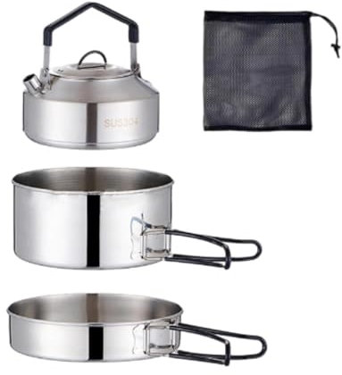 Harilla Cooking Gear Camping Cooker Set Open Fire Cookware Foldable Handle Cooking Set Camping Pot and Pan with Kettle for Traveling