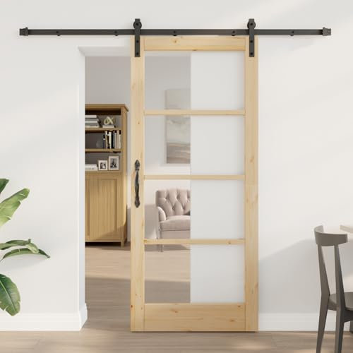 Homgoday Puerta Corredera con Herrajes 'ORKDAL'86x198.5 cm, Puerta Interior con Cristal 'ORKDAL'86x198.5x4 cm Madera Sólida de Pino