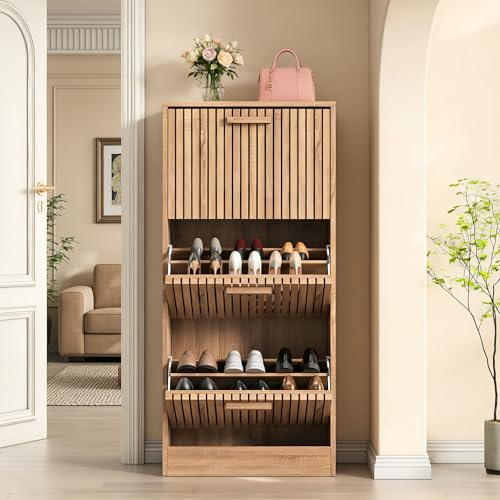 Plcnn Zapatero Salvaespacio Delgado para Entrada, Zapatero con 3 Puertas abatibles, para 24 pares de zapatos, Armario para zapatos para entrada, pasillo, 60x24x113 cm (Madera original)