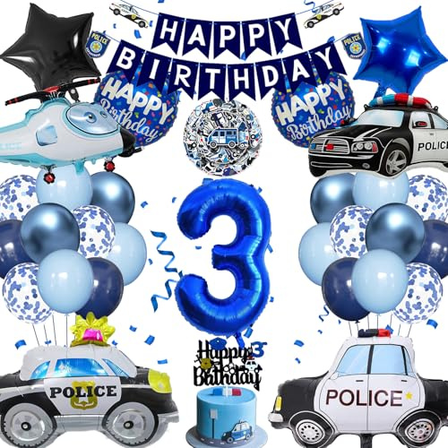 Police Balloons Birthday 3 Years, Car Police Party Kit, Stickers, Banners and Cake Decorations, XXL Set Balloons Decorations for Children Policeman Policewoman Party (Birthday Decorations 3 Years)