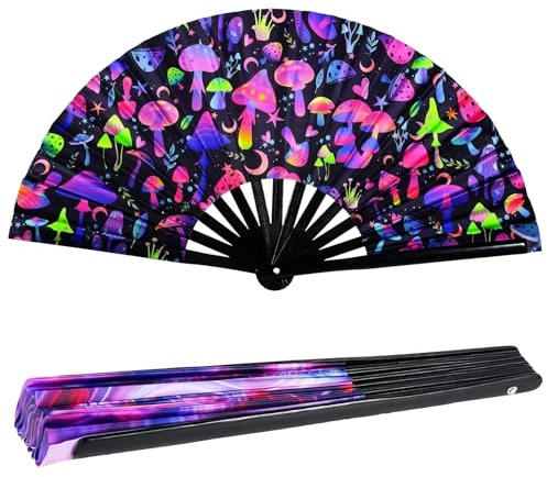 AUFIKR 1 x ​Large UV Glow Folding Hand Fan​ – Perfect for ​raves, festivals, cosplay, and home decoration. Features a vibrant ​fluorescent mushroom pattern​ that glows under UV light