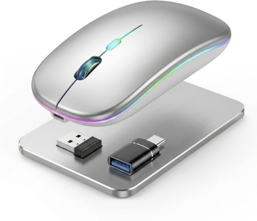 Mouse Wireless Argento Ricaricabile,Mouse Bluetooth+2.4G Dual Mode, Sottile e Silenzioso,Design Ergonomico in Alluminio Look,Compatibile con MacBook Air/Pro, iPad, Laptop, PC Windows-Silver-Mangári