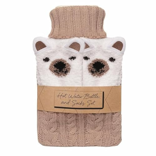 Polar Bear Hot Water Bottle and Socks Set, Knitted Beige Cover with Plush Animal Face Design, Winter Warming Gift
