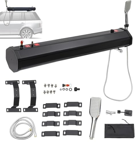 ANGDI Selbstdruckbeaufschlagender Wassertank, Solardusche zur Dachgepäckträgermontage mit Duschkopf und Wasserschlauch, Außendusche für Fahrzeuge Camping, LKW, Limousine, Wohnmobile(20L/5.3gal)