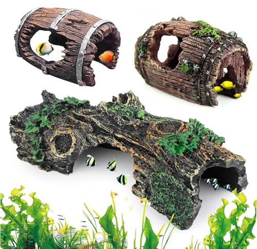 FuYelng 3 Stück Aquarium Deko Höhle, Aquariumdeko Baumstamm Versteck | Exquisite Aquarium Dekorationsset, für Kleine Garnelen Fische und Andere Kleine Bis Mittelgroße Wassertiere (A)