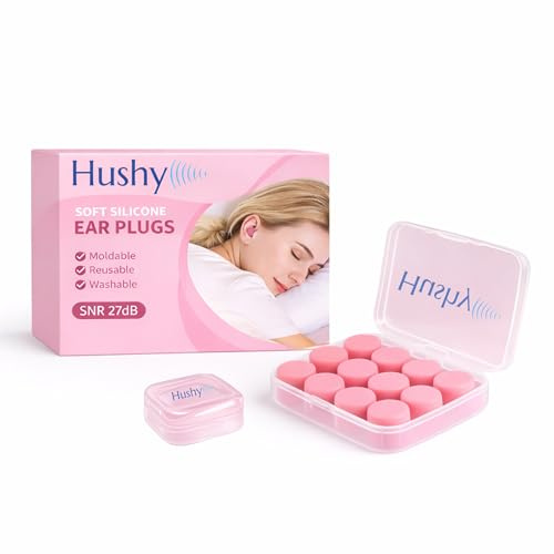 Hushy EarPlugs for Sleeping, 6 Pairs|Ultra Soft 27dB Noise Cancelling Ear Plugs for Sleep, Snoring & Travel|Universal Size Silicone EarPlugs|Waterproof, Reusable. (Pink, One Size)