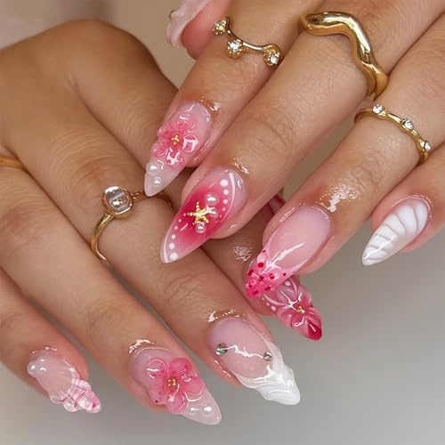 Tastetreasure 30 Pcs 3D Ocean Press on Nails, Almond Summer Pink Shell & Starfish Fake Nails, Glossy Pearl Gel False Nails with 3D Embossed Designs, Includes Jelly Glue & File for Women DIY Manicure