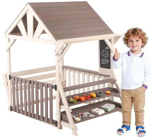 Casetta da Gioco in Legno per Bambini con Cucina, Tetto Impermeabile e Ringhiere a mezza altezza, Casetta da gioco da esterno, Giocattolo da Giardino Regalo per 3 +