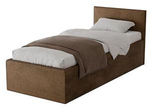 Meblofun Polsterbett Wiki mit Kopfteil, 90x200 cm, mit Bettkasten und Lattenrost aus Holz, Velourstoff, Farbe: Hellbraun