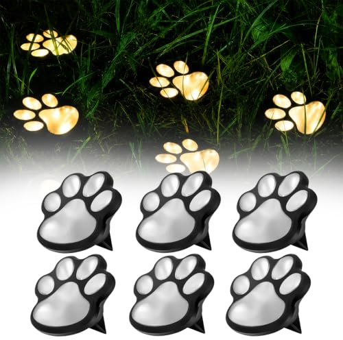 6 Stück Solar Bodenleuchten Aussen mit Katzen Hunde Pfoten, LED Paw Solarleuchten Garten, Wasserfest Solarlampen für Außen Garten, Solar Pfotenleuchten für Terrasse Balkon Gartendeko (Warmweiß)