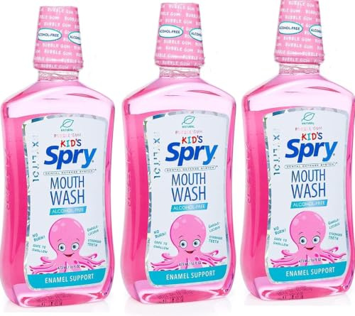 Spry Natural Kids Mouthwash with Xylitol, Bubble Gum - 473 ml (Pack of 3) | Fluoride Free, Enamel Support, Alcohol-Free, Gentle, Non-GMO, No Burn, Safe to Swallow