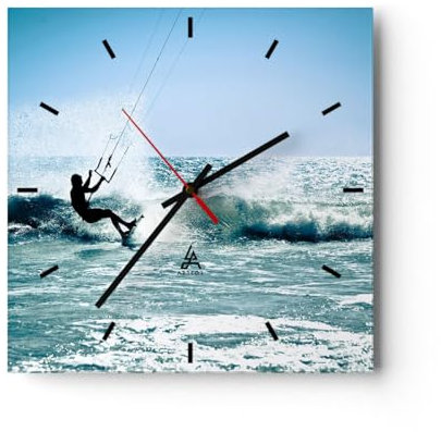 Modern Wanduhr Drachen-Surfen Wasser Ozean 40x40cm Quadrat Groß Wand Uhr Glas Analog Zimmeruhren Küche Büro Wohnzimmer Glasuhr Wall Clock Dekoration Design Wanddekoration Küchenuhr C3AC40x40-2385
