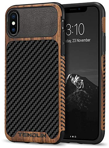 TENDLIN Compatible with iPhone XS Case/iPhone X Case Wood Grain with Carbon Fiber Texture Design Leather Hybrid Slim Case Compatible with iPhone X and iPhone XS Black