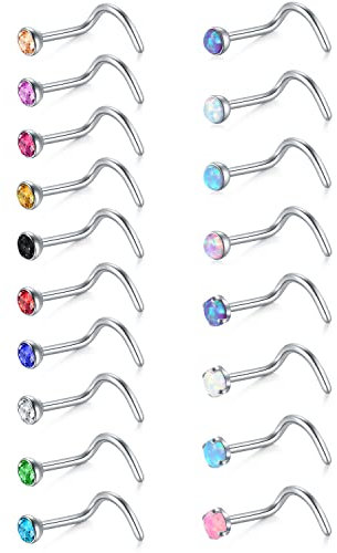 Mayhoop 18 Pcs 20G Nose Studs Screw Surgical Steel Nose Rings Nostril Piercing 2MM CZ Inlaid Piercing Jewelry for Women Men