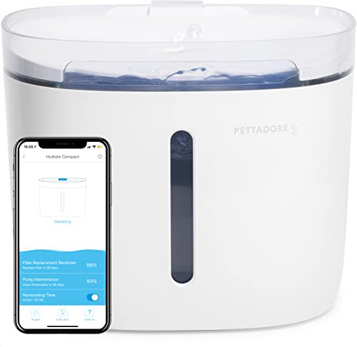 Pettadore Hydrate Compact - Trinkbrunnen/Tränke für Katze/Hund, Intelligenter Wasserbrunnen mit App, Katzenbrunnen mit leiser Pumpe, Wasserspender mit Benachrichtigungen und starkem Filtersystem 1.9L