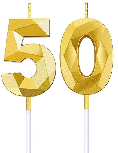 BBTO 50. Geburtstag Nummer Kerzen 3D Diamant Form Kuchen Kerzen Zahl 50 Kuchen Topper Dekoration für Geburtstag Hochzeit Jahrestag Feier Lieferung, Gold