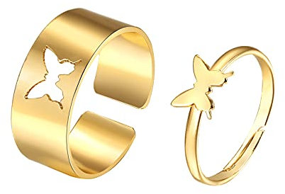 Gilieyer Schmetterlingsringe, passende Ringe für Paare Ringe Zierliche Trendige Ringe Schmetterlingsschmuck Einstellbar Passende Freundschaft Niedliche Trendige ierliche Ringe Set (Gold)