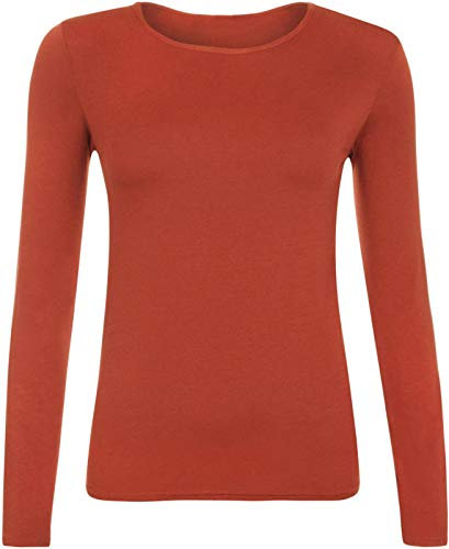 Ladies Women Basic Long Sleeve Plain Round Neck Ladies Stretch Plus Size Top T Shirt (Rust, ML)