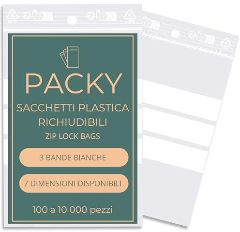 PACKY - Bustine Trasparenti Richiudibili 3 Bande Bianche - 7 Dimensioni Disponibili - Sacchetti Plastica Richiudibili Con Zip - Sacchetti Alimenti Richiudibili - 16x22 Cm Lotto Di 100