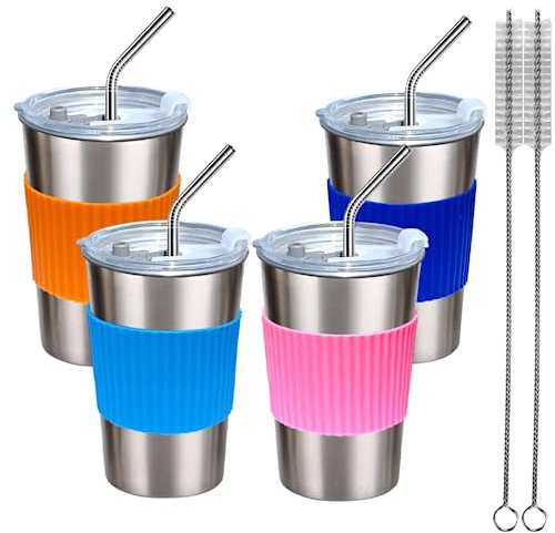 NAVACALA Cups with Lids and Straws, 500ml 4 Pack Reusable Leakproof Stainless Steel Cups, BPA Free Unbreakable Metal Coffee/Beer/Smoothie Camping Cup