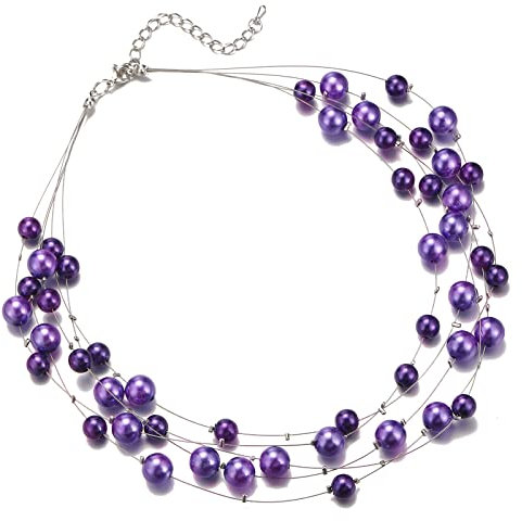 FULU AUTUMN Layered Pearl Necklace Beaded Silver Choker Handmade Boho Statement Costume Necklaces Fashion Jewellery Gifts for Women(Purple)