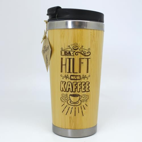 power gift DA HILFT NUR KAFFEE - Bambus Thermobecher mit Text. Isolierbecher. Isolierflasche. Edelstahl Trinkflasche. Für täglichen Bedarf, Autofahrt und Ausflüge. Nun mit drehbaren Verschluss.