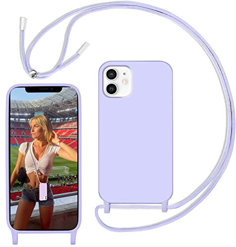 Yojiong Handykette Hülle für iPhone 12/12 Pro 5G, Liquid Silikon Handyhülle mit Kordel zum Umhängen mit Band Stossfest Bumper Schutzhülle, Kette für Smartphone, Schnur mit Case in Helles Lila