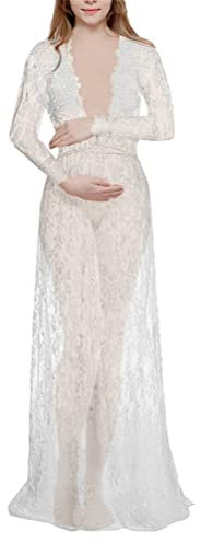 ORANDESIGNE Vestidos Larga de Maternidad Vestido de Fotografía Mujeres Embarazadas y Elegantes Vestidos de Encaje en el Cuello para Mujeres Blancas A Blanco L
