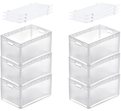 PROREGAL SuperSparSet 6x Transparenter Eurobehälter LightLine mit offenem Griff & Auflagedeckel | HxBxT 32x40x60cm | 66 Liter | Eurobox Transportbox Transportbehälter Stapelbehälter
