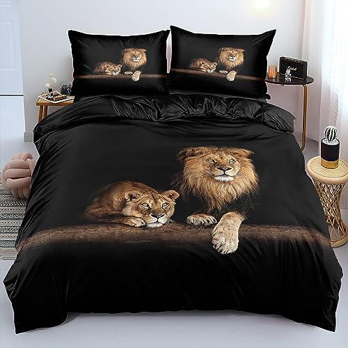 DXHOME Löwen Bettwäsche 135x200 4teilig Schwarz 3D Atmungsaktiv Leicht Weich Mikrofaser Deckenbezug Bettbezüge mit Reißverschluss und 2 Kissenbezügen 80×80 cm
