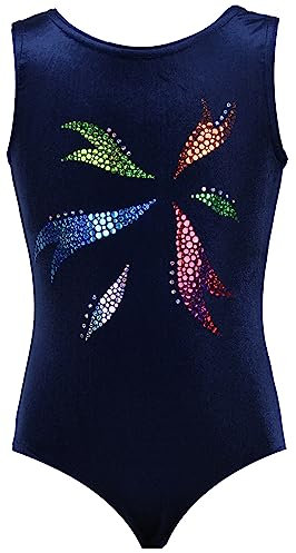 Gymnastikanzug Sterne Lycra Mädchen Turnanzug Kurzarm Kinder Turnbody kurzärmlich, Größe:116, Farbe:Samt in Blau/FLORA