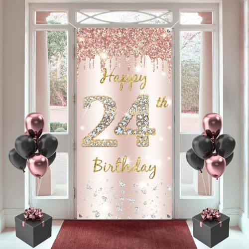 24. Geburtstag Deko Frauen, Happy 24th Birthday Door Banner Roségold Stoff Schild Plakat Türdekoration, 24. Geburtstag Hintergrund Banner Damen, Geburtstagsfeier Willkommensschild