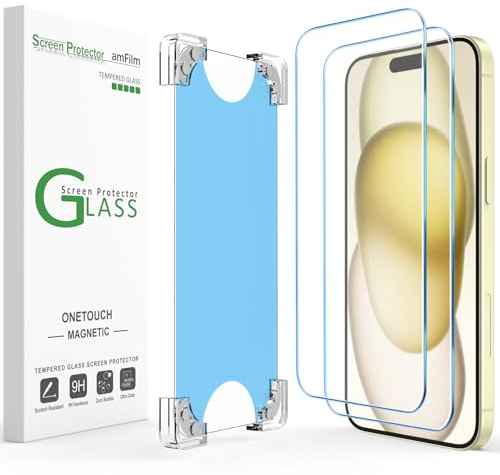 amFilm Magnetische OneTouch 3 Pack Kompatibel mit iPhone 15 Displayschutzfolie 6,1 Zoll Panzerglas Zubehör, Premium Einfachste Installation Kit 9H, Hüllenfreundlich