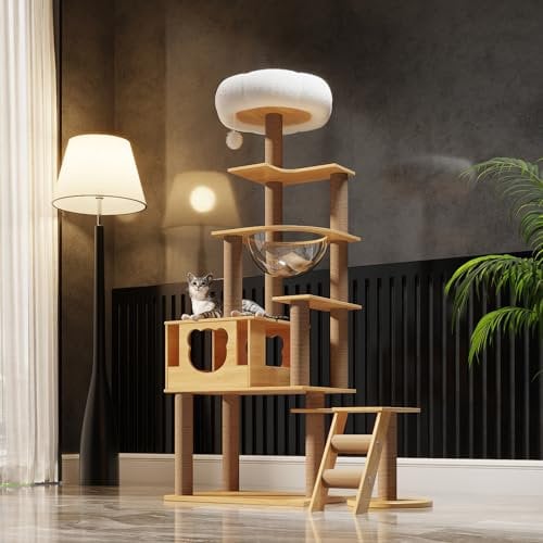 Mekidulu Arbre a chat-165 cm Arbre à Chat XXL,avec Griffoir Chat en Jute,Bol,échelle, Grotte, Balle Suspendue Jouet, Plate,Forme en Peluche,Plate - Forme de Saut en Peluche-Arbre a Chat Haut(Beige)