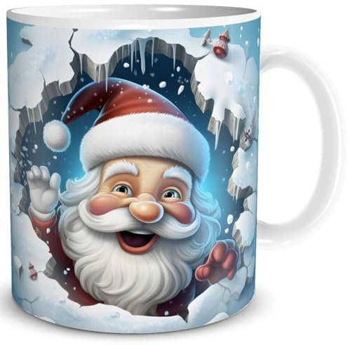 TRIOSK 3d Illusion Tasse Weihnachten mit Santa Weihnachtsmann bricht durch Becher Weihnachtsmotiv Geschenk lustig für Weihnachtsliebhaber Blau, Keramik, 330ml
