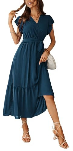Awemeal Kleid Damen Sommer Elegant V-Ausschnitt Kurzarm Lang Sommerkleid Boho Blumenkleid mit Gürtel Rüschen Saum Wickelkleid Strandkleid A Linie Fließend Maxikleid (M, See Blau)