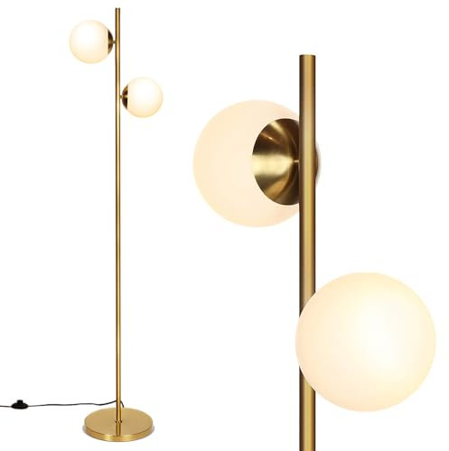 COSTWAY Lampadaire à 2 Globes en Verre Dépoli, Lampe sur Pied Moderne avec Interrupteur à Pied et Poteau Métallique, Culots d'Ampoule E27, 2 ampoules à LED de 6W, pour Salon, Chambre, Bureau, Or